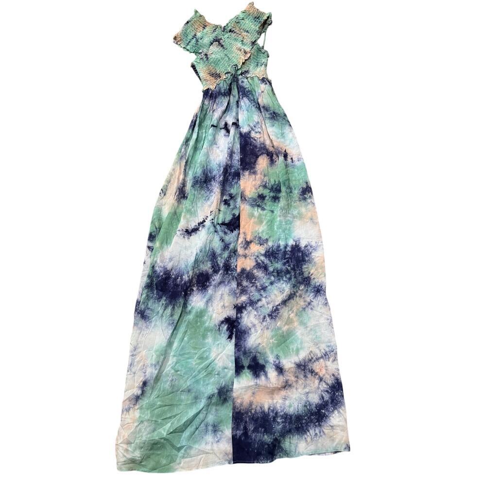 AQUA Tie Dye Maxi Dress Size Small Blue Green Smocked Ruffle Boho Side Slit - Picture 6 of 7